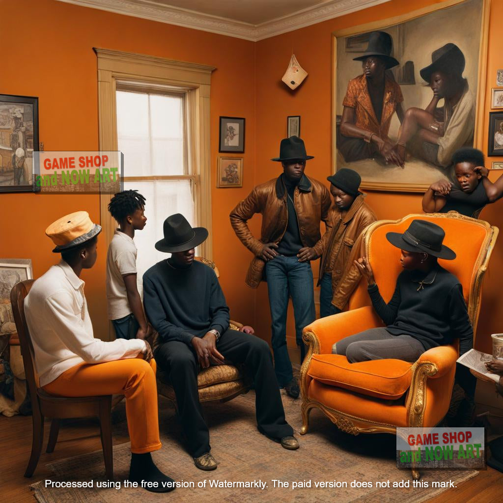 Brothers Posing in Brims and an Orange Chair - image 1