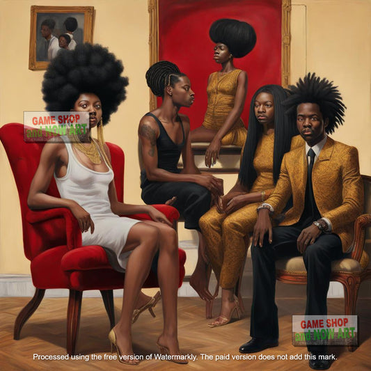 Afrocentric family posing in red chair - image 2