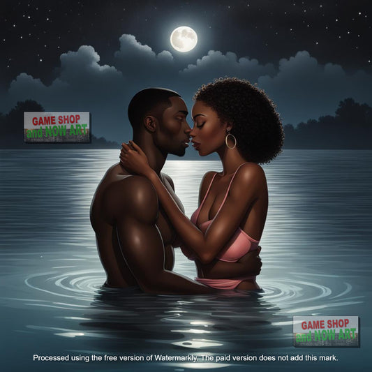 Hugging Man and Woman On Moonlight Swim